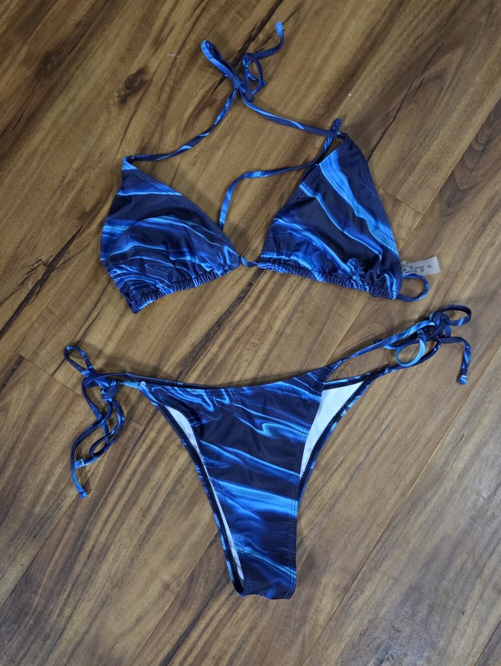 Blue Marble Print String Bikini + Matching Cover-Up – Size XL